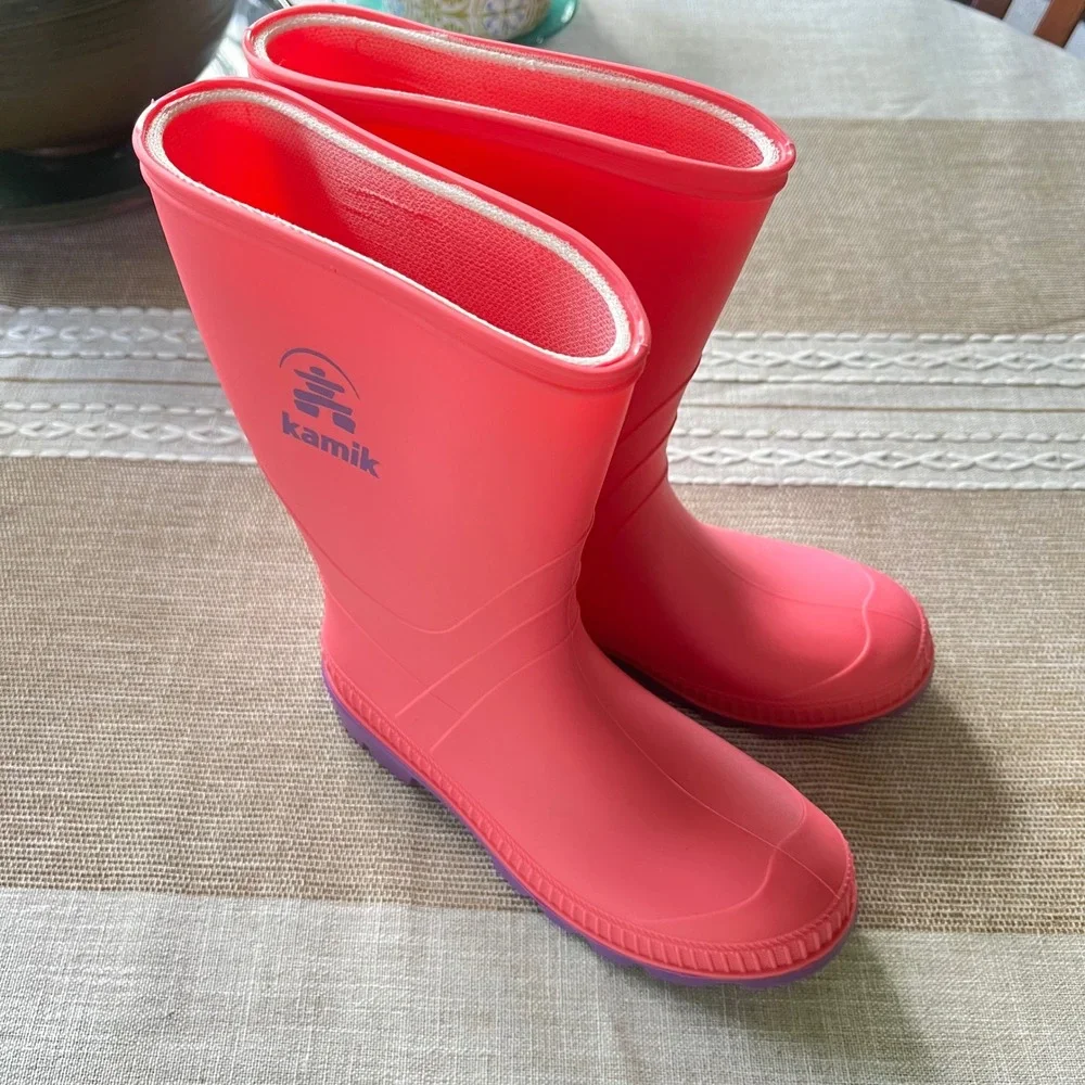 Kamik Stomp Kids Rain Boots Pink Purple Waterproof Rubber Size 4 Made in Canada